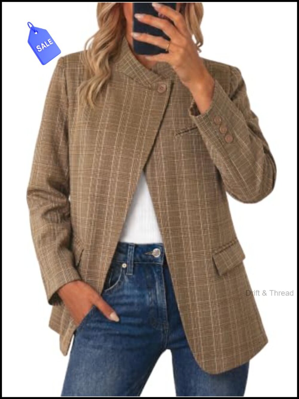 Women's Plaid Blazer Business Casual Loose Fit Long Sleeve Stand Collar Button